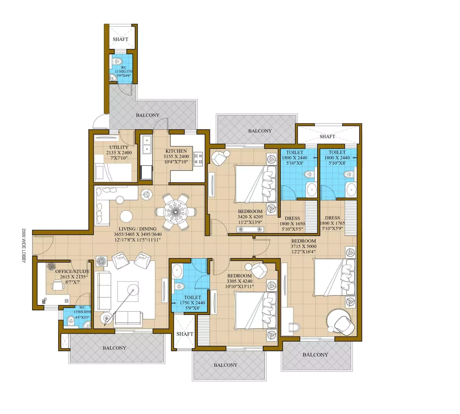 3 BHK + Study + Servant