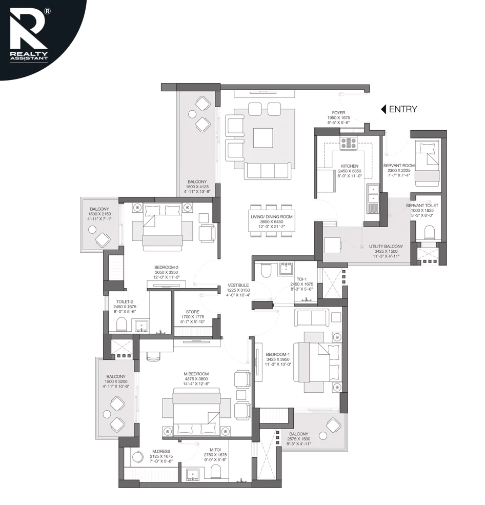 3BHK+2 Store Utility Tower D1